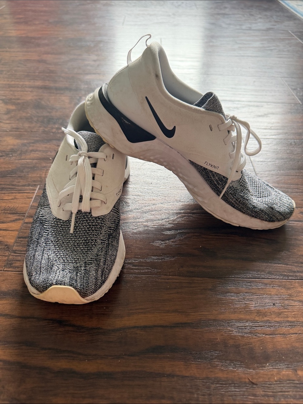 Nike Men’s White and Gray Flyknit Training Shoes with Black Swoosh